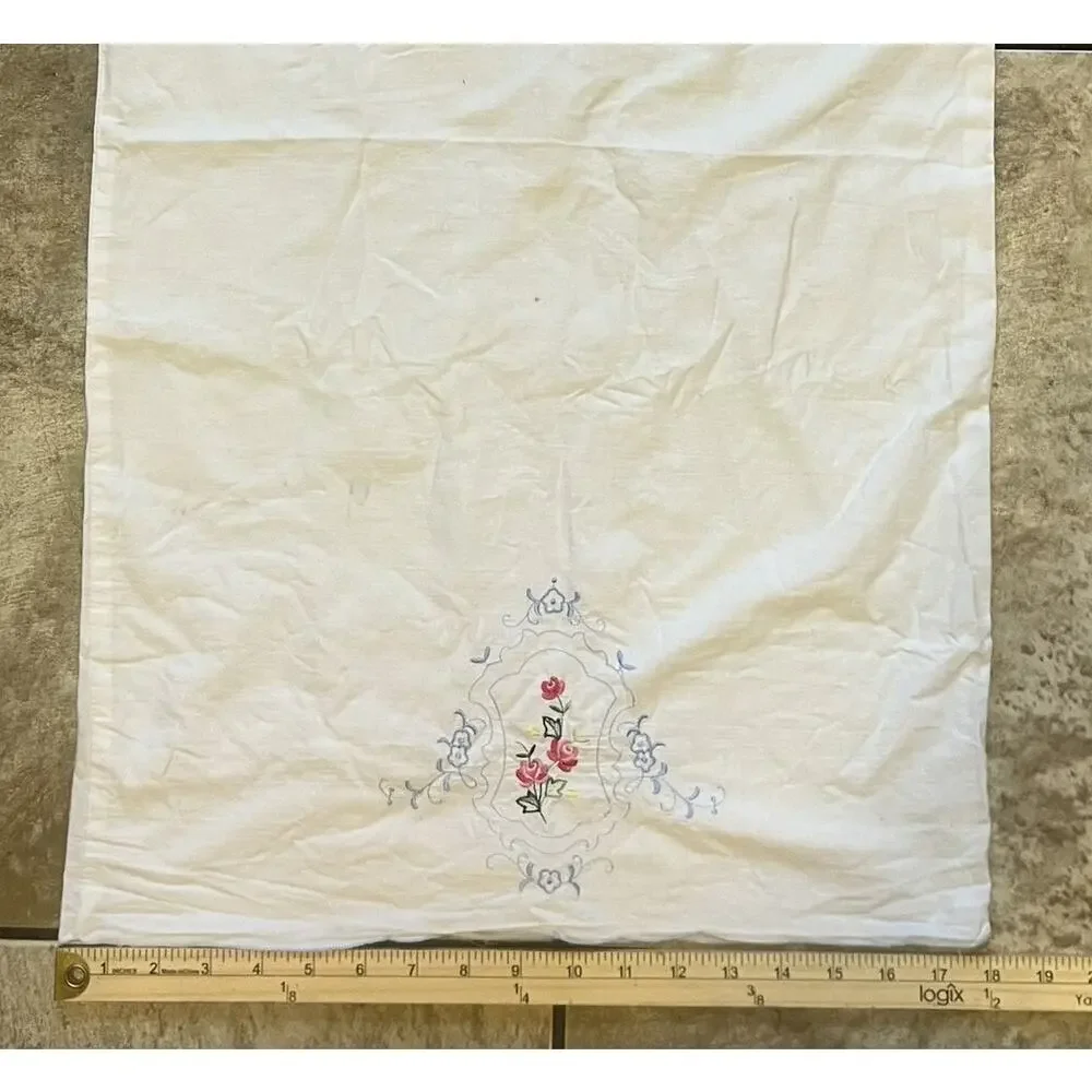 Vintage Embroidered Pillowcase Red Roses Blue Swirls Floral Elegant Home Decor